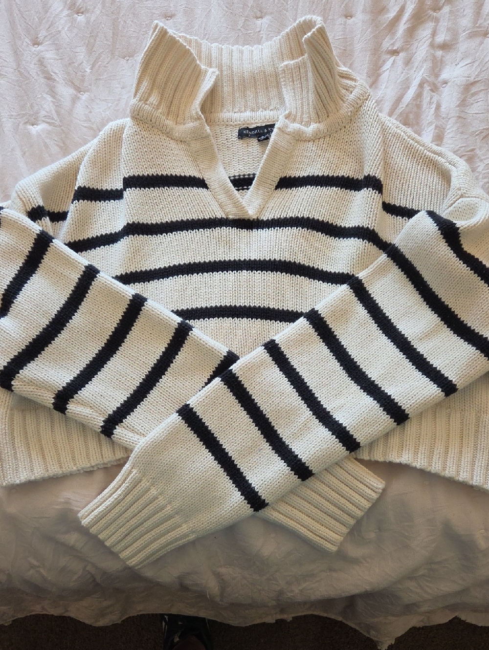 Kendall & Kylie Cream and Black Striped Turtleneck Sweater